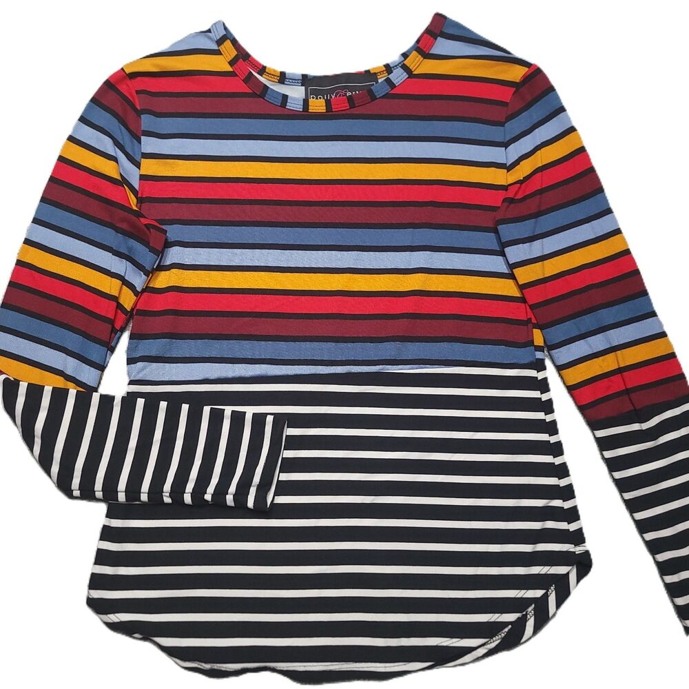 Polly & Esther Womens S Top Long Sleeve Multicolor Striped Shirt